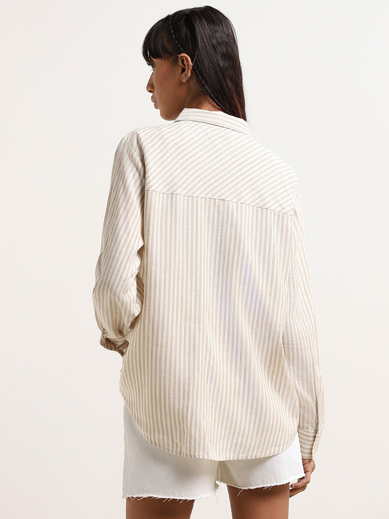 Nuon Beige Striped Relaxed Fit Shirt