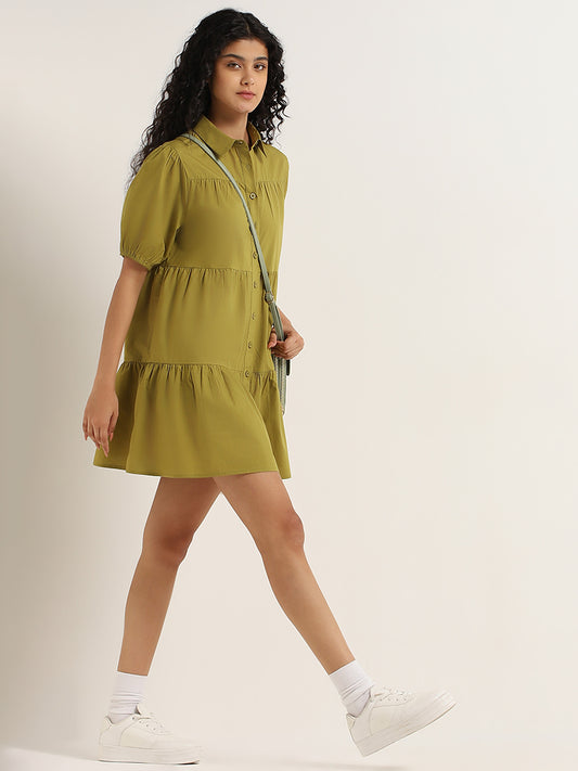 Nuon Olive Cotton Tiered Shirt Dress