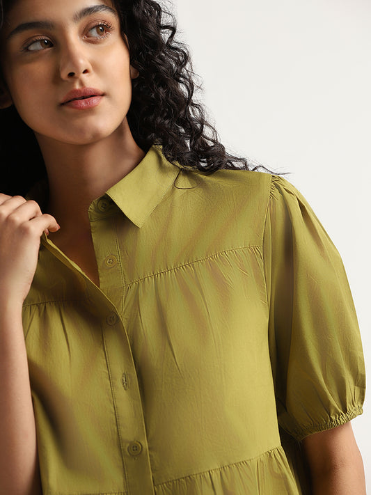 Nuon Olive Cotton Tiered Shirt Dress