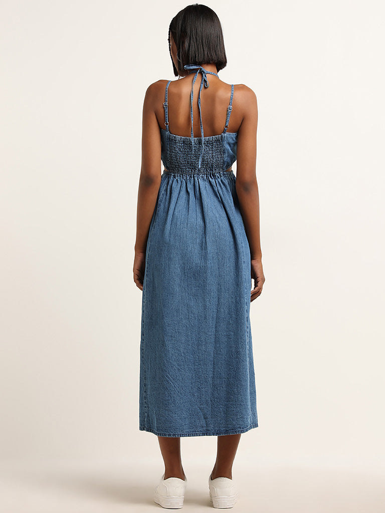 Nuon Blue Cut Out Detailed Straight Fit Denim Dress