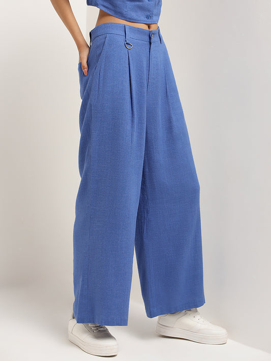 Nuon Blue Blended Linen Wide-Leg Pants