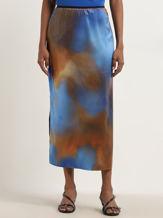 Wardrobe Blue Tie-Dye High Rise Skirt with Slit