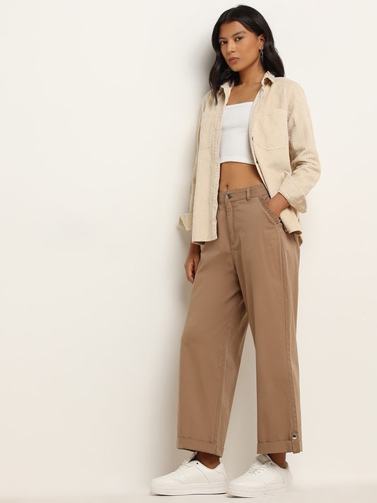 LOV Beige Cotton Blend Mid Rise Flared Trousers