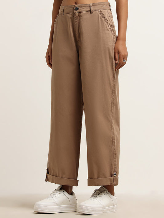 LOV Beige Cotton Blend Mid Rise Flared Trousers