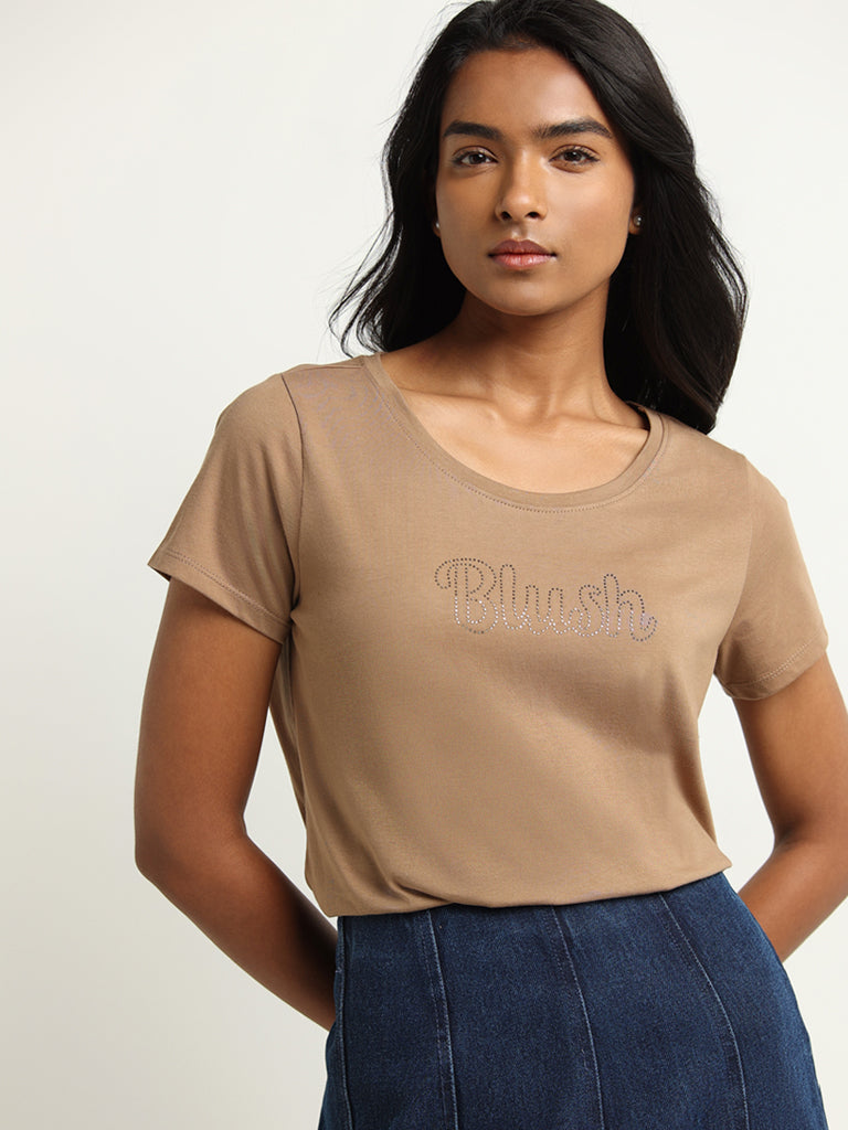 LOV Beige Embellished Cotton T-Shirt
