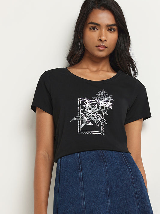 LOV Black Graphic Print Cotton T-Shirt
