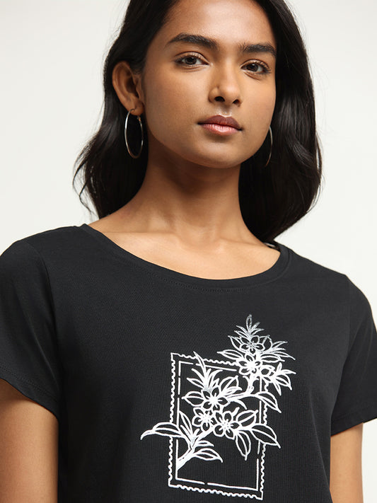 LOV Black Graphic Print Cotton T-Shirt