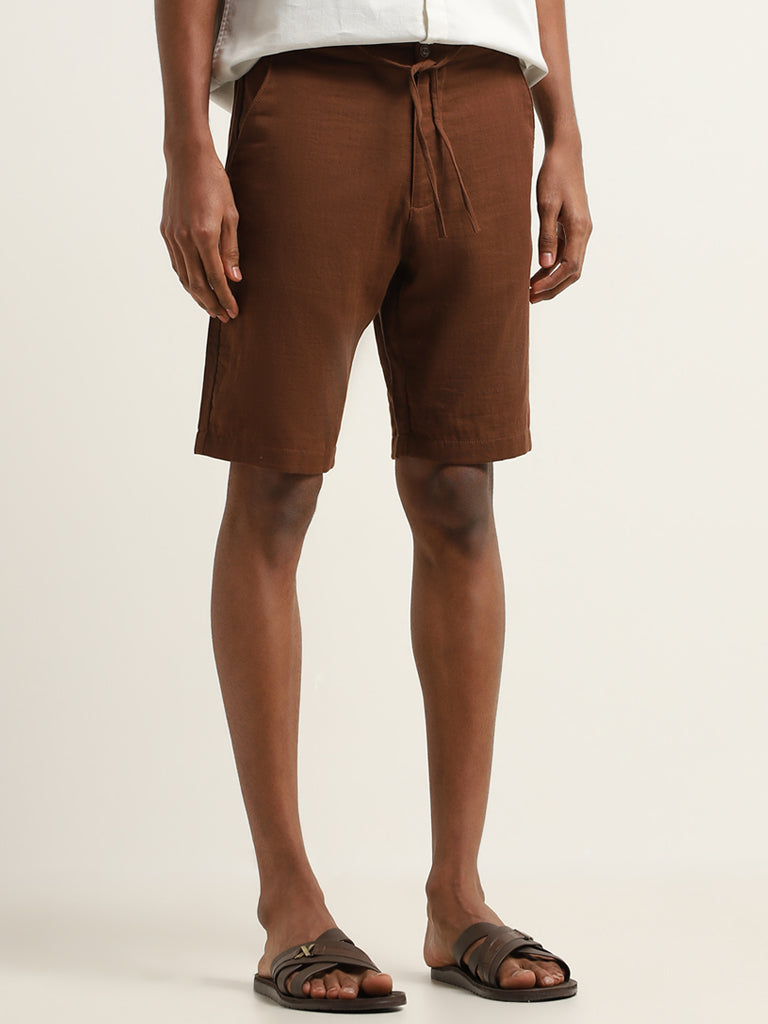 ETA Brown Solid Mid Rise Slim Fit Shorts