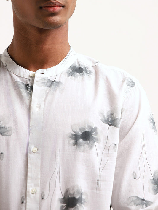 ETA Grey Floral Printed Cotton Resort Fit Grandad Shirt