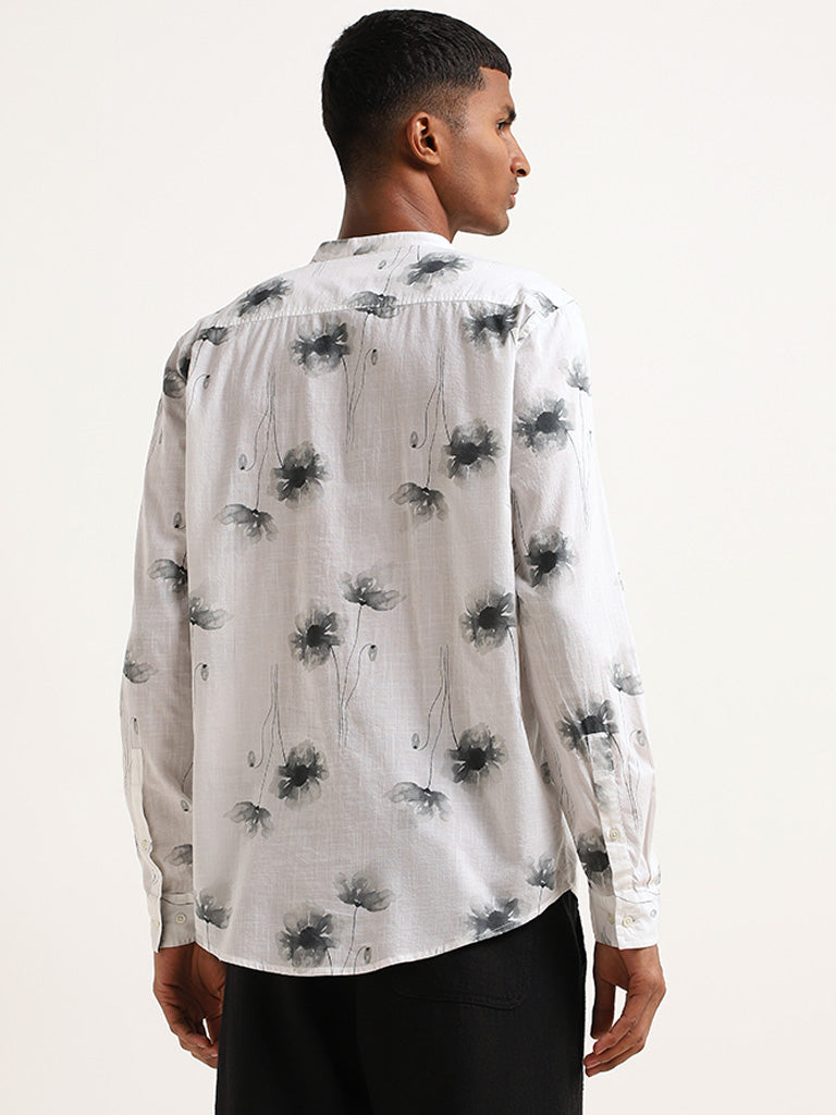 ETA Grey Floral Printed Cotton Resort Fit Grandad Shirt