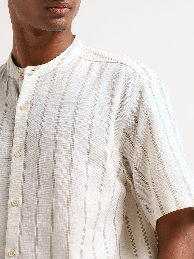 ETA Taupe Striped Cotton Relaxed Fit Grandad Shirt