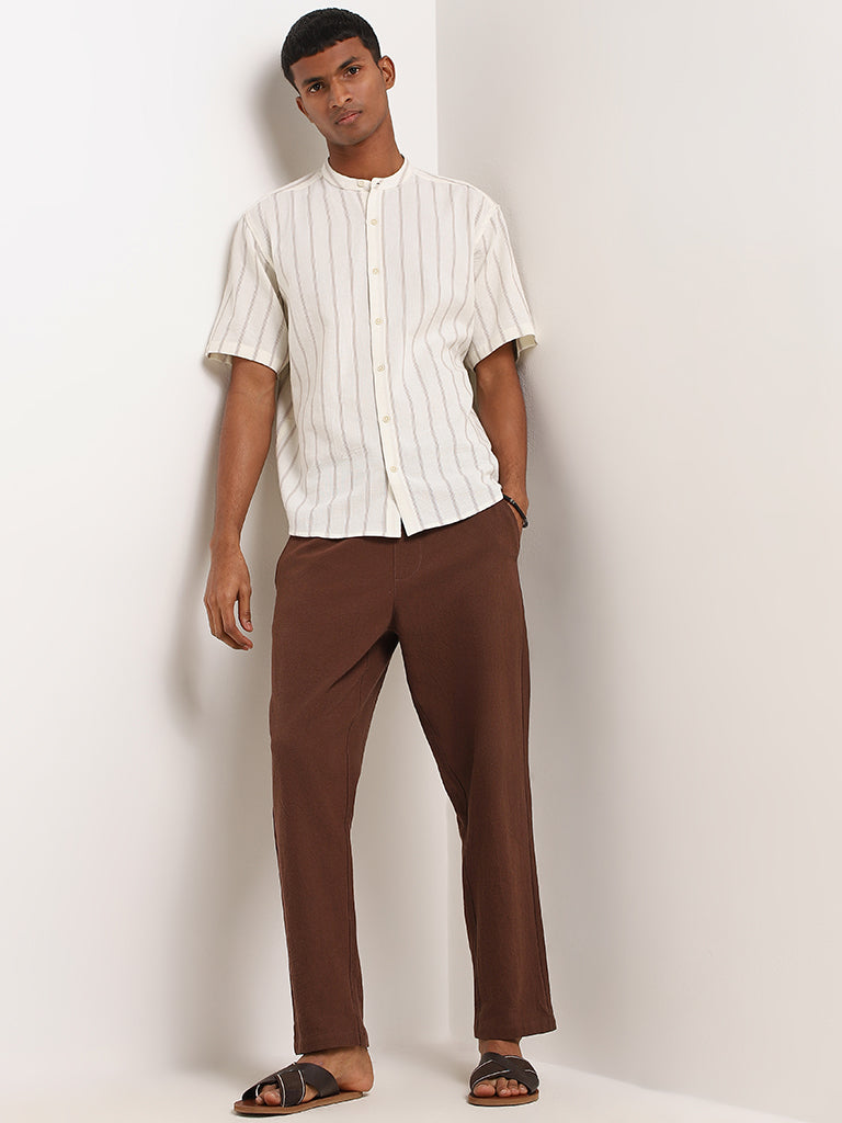 ETA Taupe Striped Cotton Relaxed Fit Grandad Shirt