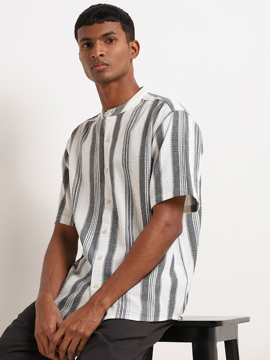 ETA Black Striped Cotton Relaxed Fit Grandad Shirt