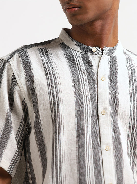 ETA Black Striped Cotton Relaxed Fit Grandad Shirt