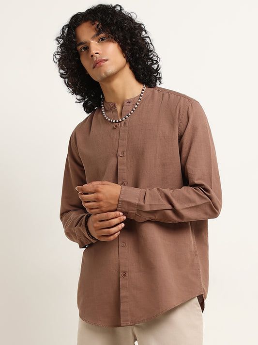 ETA Brown Solid Resort Fit Grandad Blended Linen Shirt