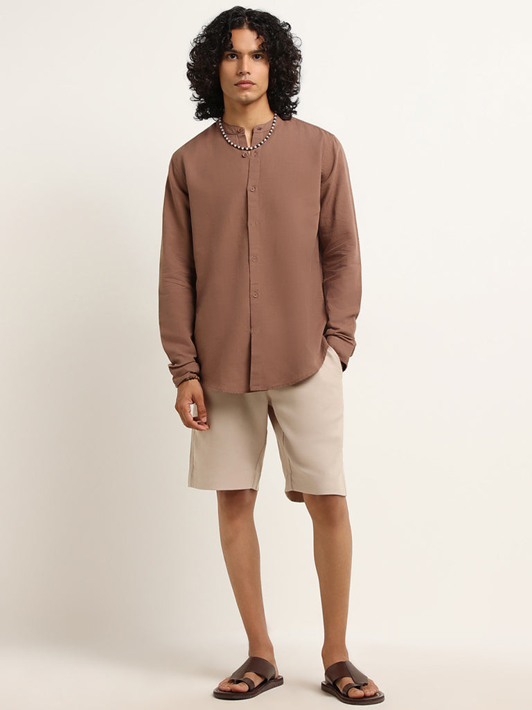 ETA Brown Solid Resort Fit Grandad Blended Linen Shirt