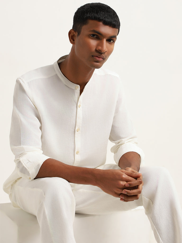 ETA Off-White Solid Resort Fit Grandad Blended Linen Shirt