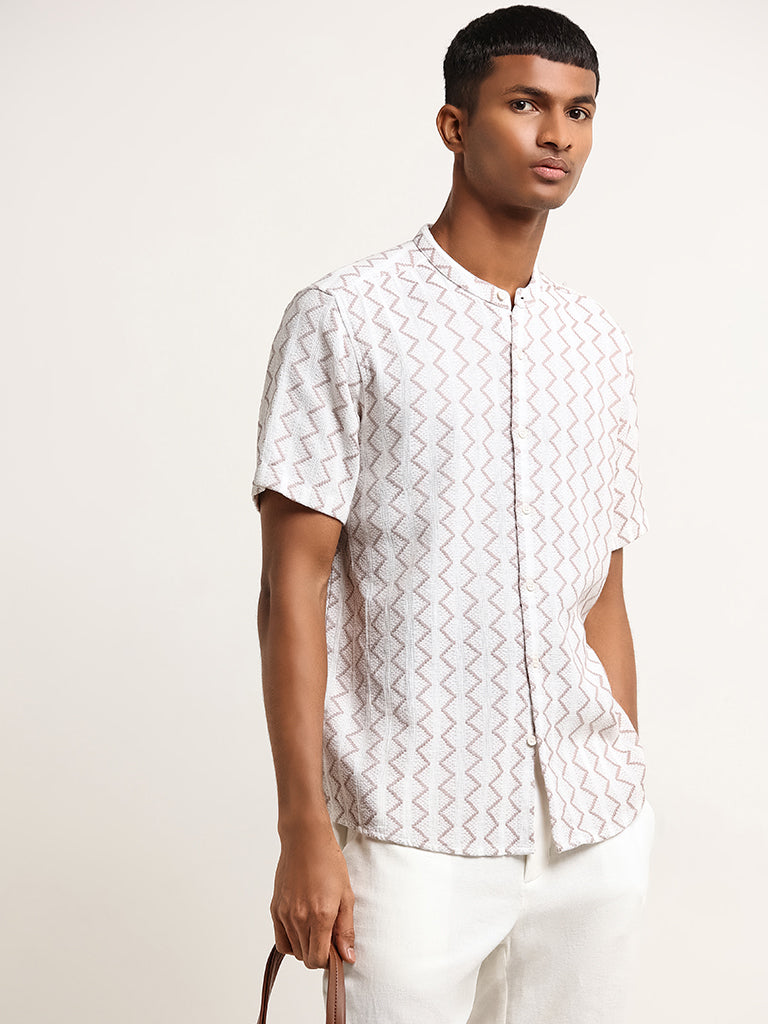 ETA Off-White Embroidered Cotton Relaxed Fit Grandad Shirt