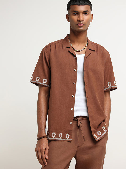 ETA Dark Rust Embroidered Cotton Relaxed Fit Shirt