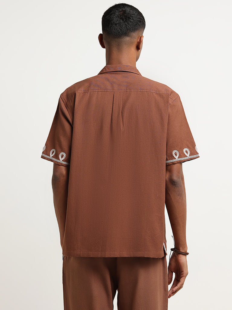 ETA Dark Rust Embroidered Cotton Relaxed Fit Shirt