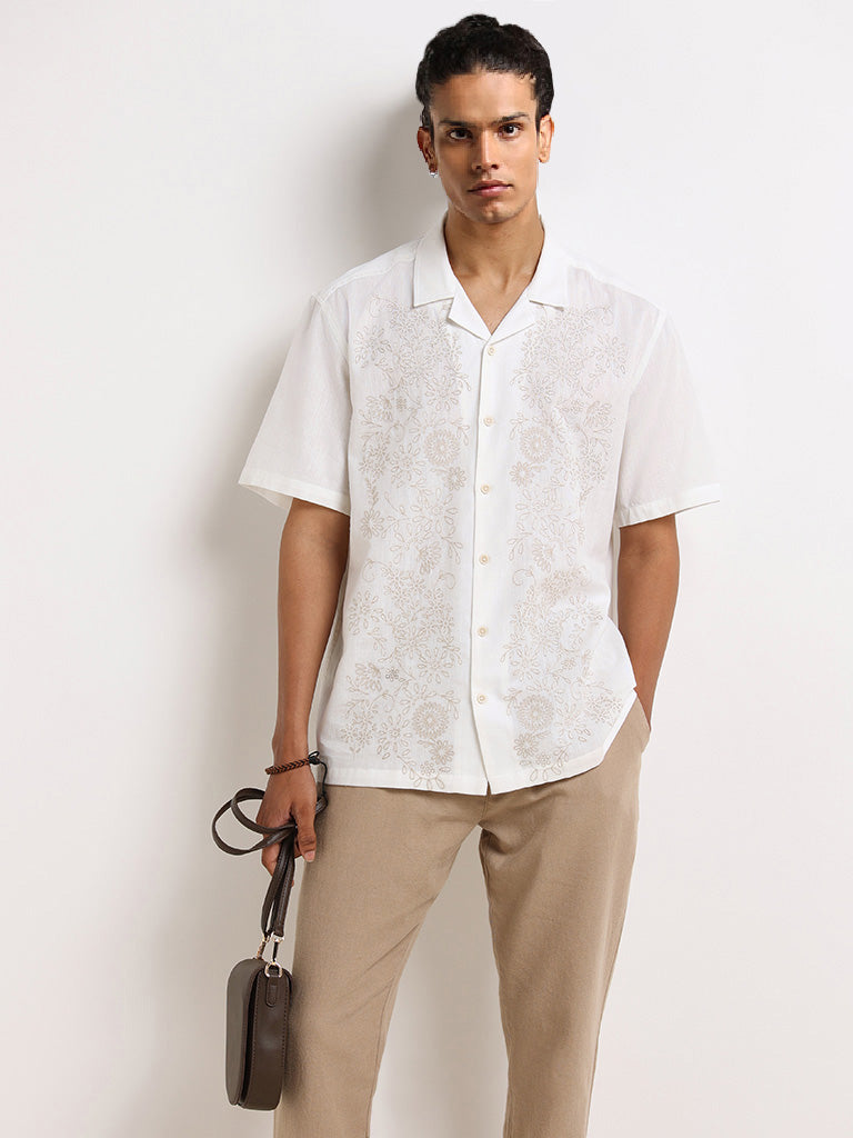 ETA White Embroidered Cotton Relaxed Fit Shirt