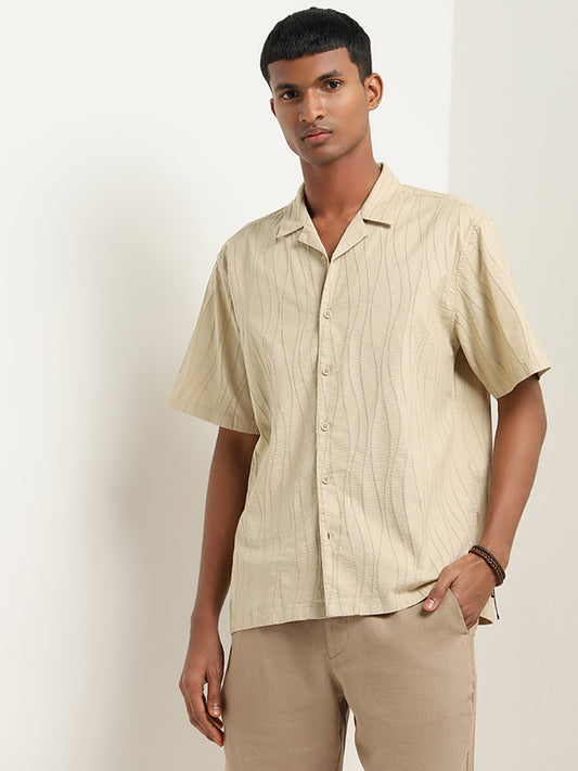 ETA Beige Textured Cotton Blend Relaxed Fit Shirt