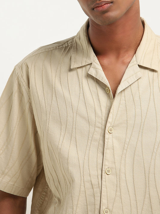 ETA Beige Textured Cotton Blend Relaxed Fit Shirt