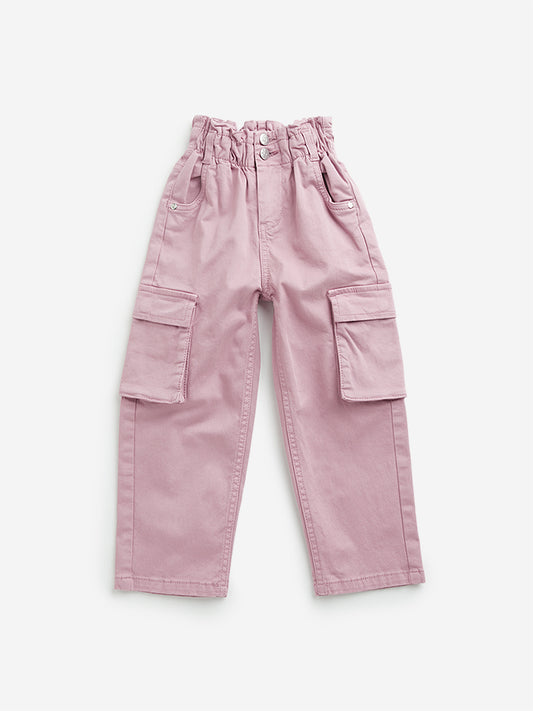HOP Kids Dusty Pink Paperbag-Waist High-Rise Cotton Trousers