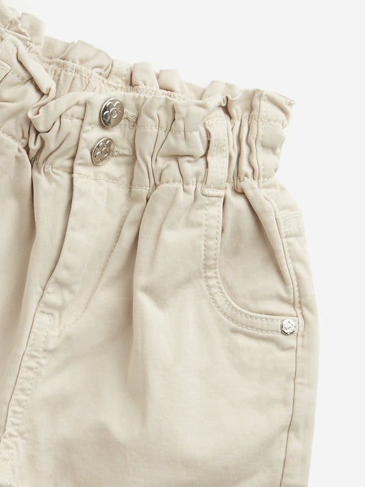 HOP Kids Beige Mid-Rise Paperbag Waist Trousers