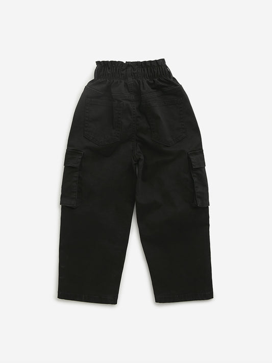 HOP Kids Black Mid-Rise Paperbag Waist Trousers