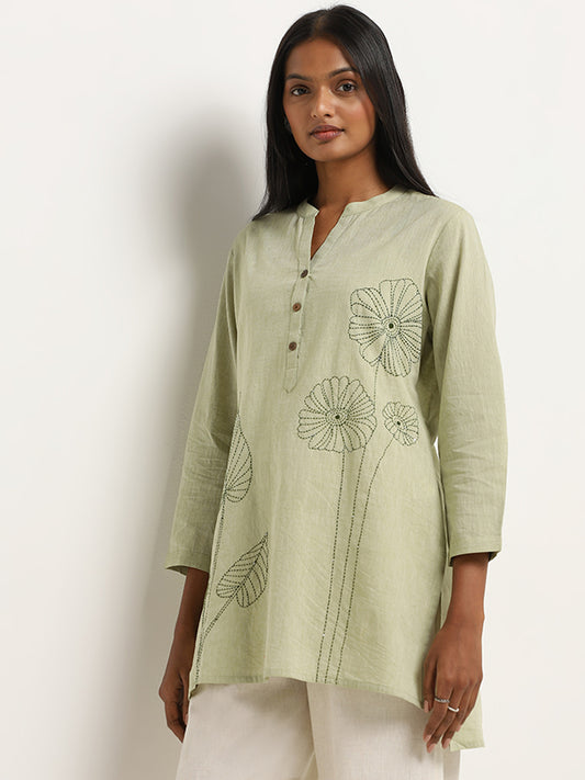 Utsa Green Floral Embroidered High-Low Cotton Kurti