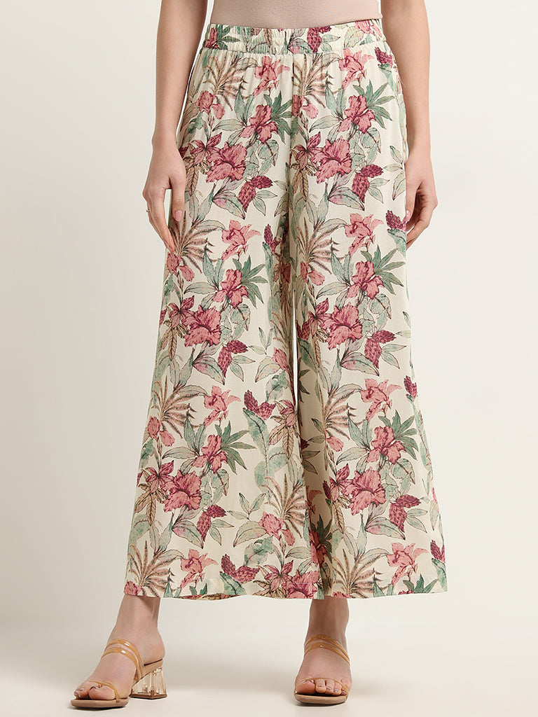Zuba Off-White Mid Rise Floral Palazzos