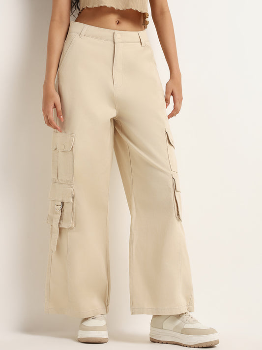 Nuon Beige Cargo High Rise Wide Leg Fit Jeans