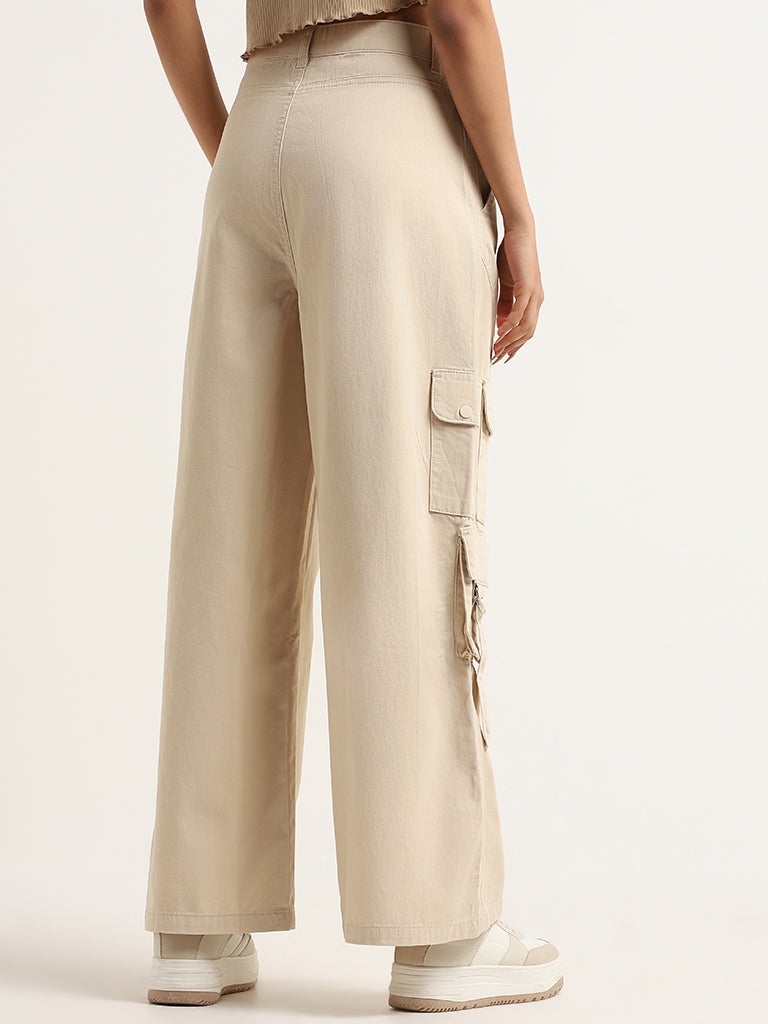 Nuon Beige Cargo High Rise Wide Leg Fit Jeans