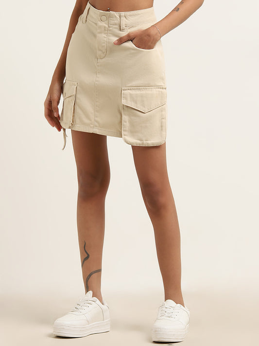 Nuon Beige Cotton Cargo A-Line Skirt