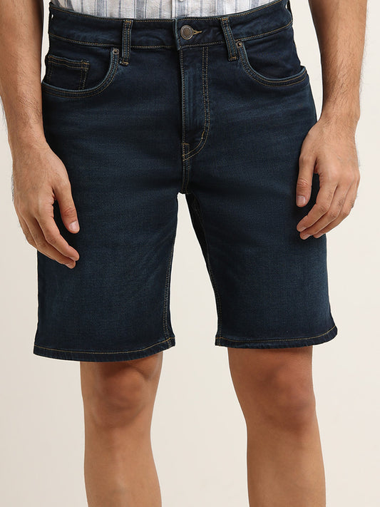 WES Casuals Dark Blue Solid Mid Rise Relaxed Fit Denim Shorts