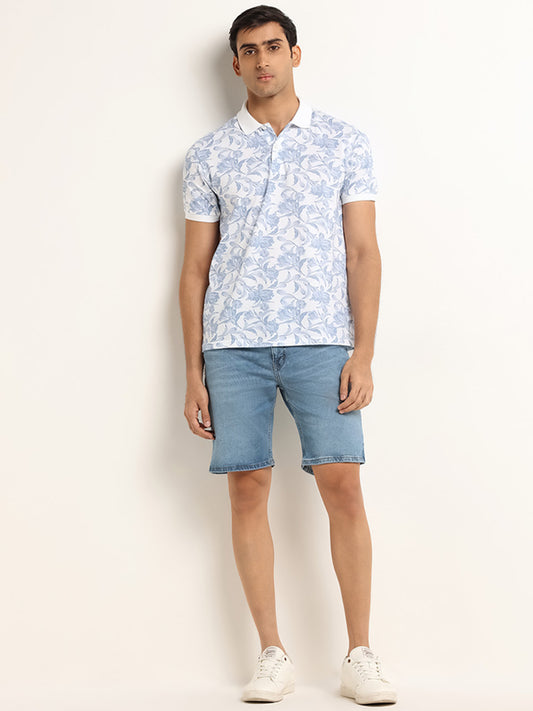 WES Casuals Light Blue Relaxed Fit Cotton Blend Mid Rise Shorts