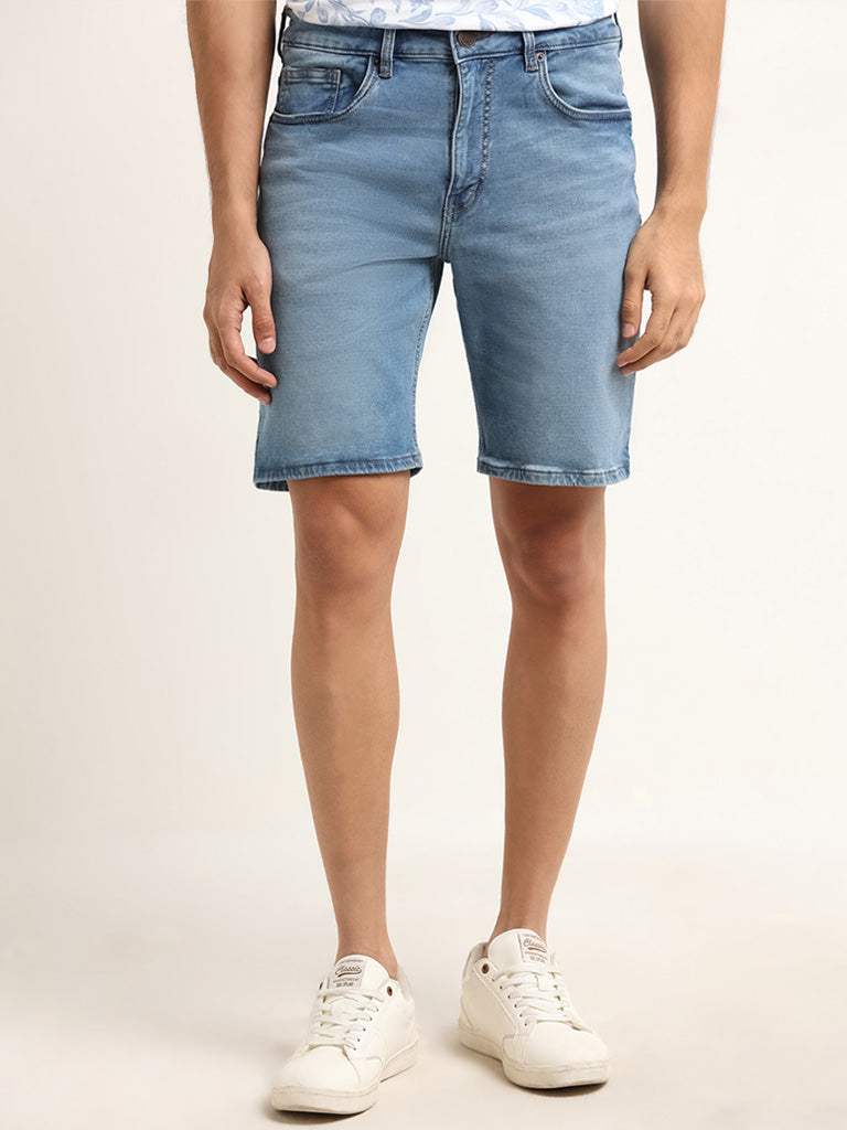 WES Casuals Light Blue Relaxed Fit Mid Rise Shorts