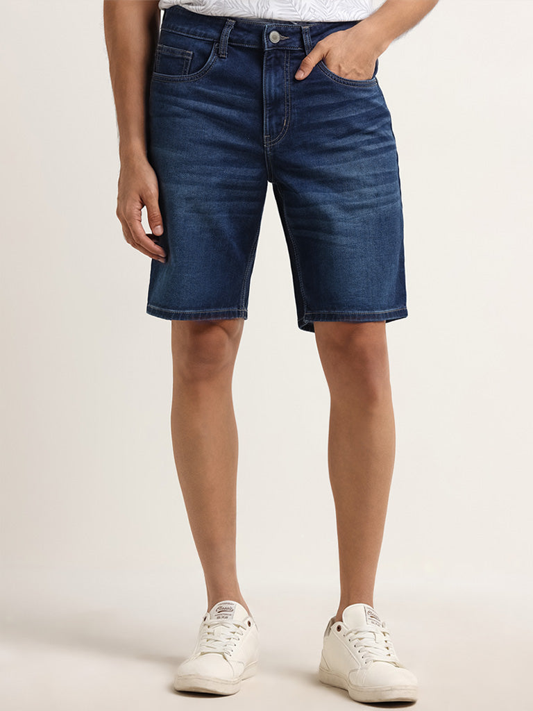 WES Casuals Dark Blue Relaxed Fit Mid Rise Shorts