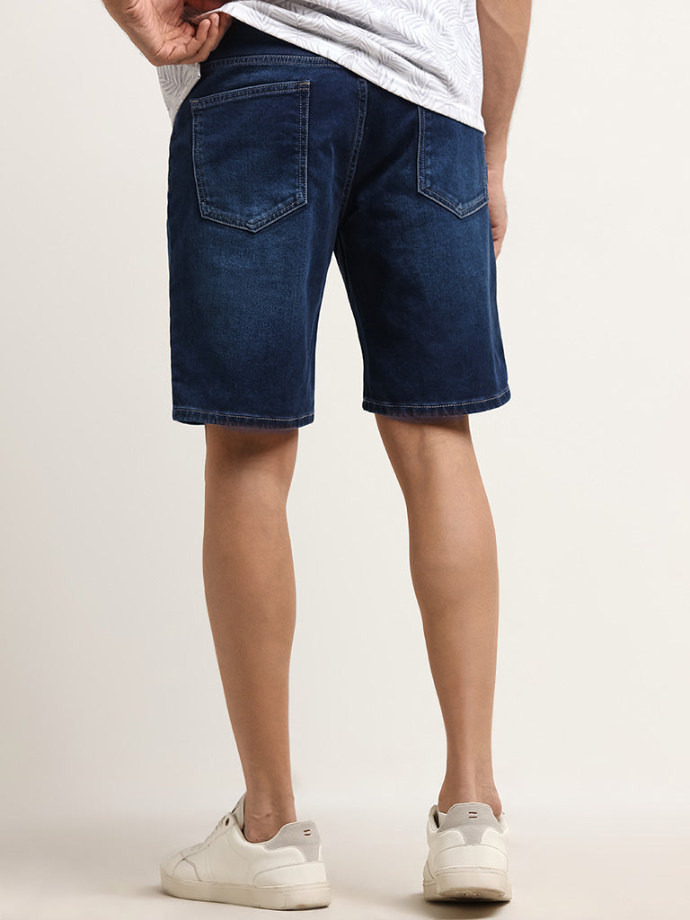 WES Casuals Dark Blue Relaxed Fit Cotton Blend Mid Rise Shorts