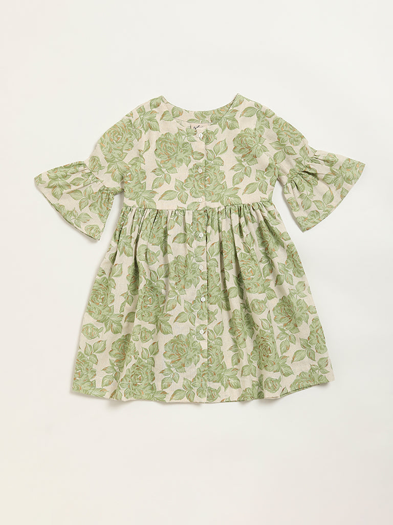 Utsa Kids Green Floral Print Dress