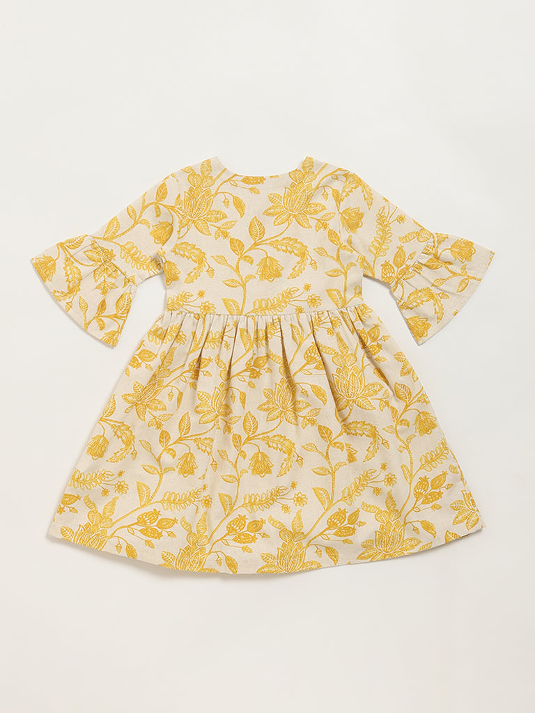 Utsa Kids Mustard Floral Print Button-Down Dress