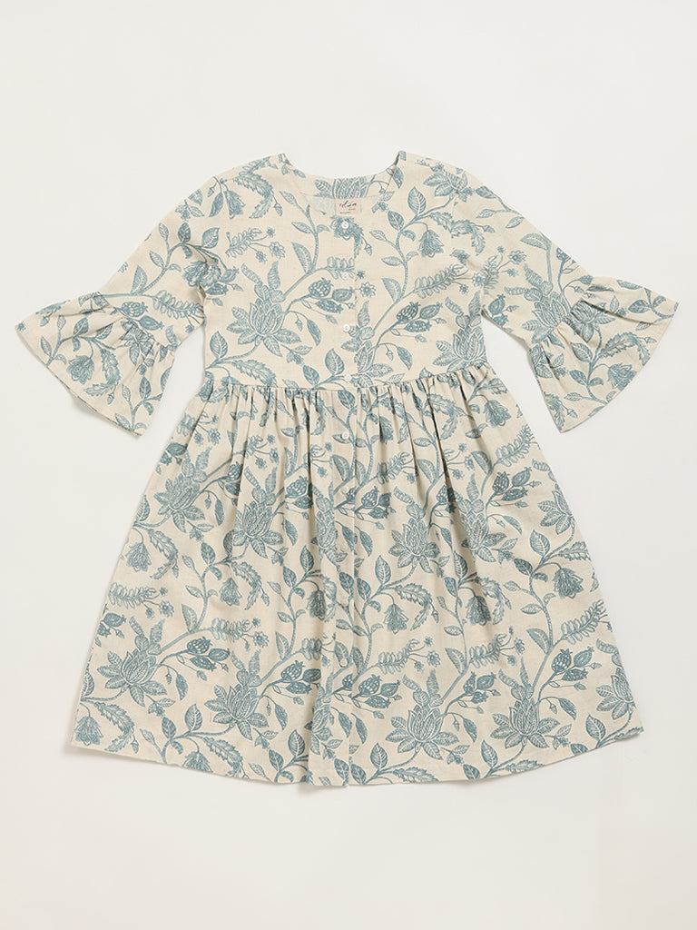 Utsa Kids Blue Printed Button-Down Dress – (8 -14yrs)