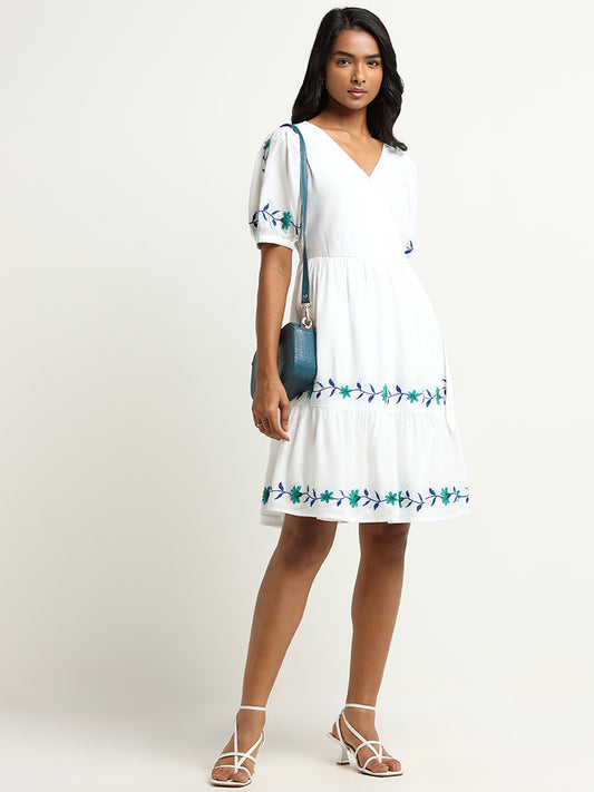 LOV White Embroidered Tiered Dress