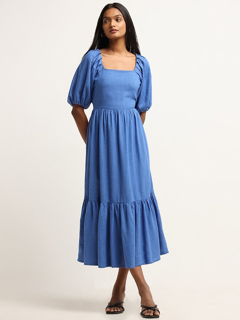 LOV Solid Blue Tiered Blended Linen Maxi Dress