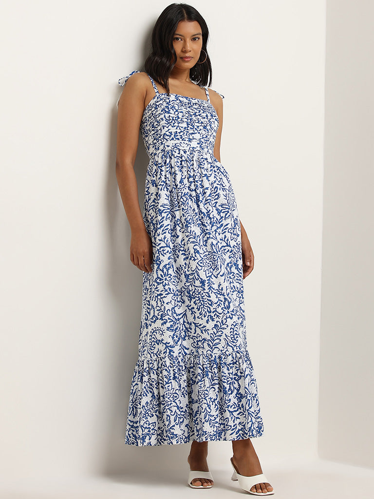 LOV Blue Schiffli Floral Printed Tiered Dress