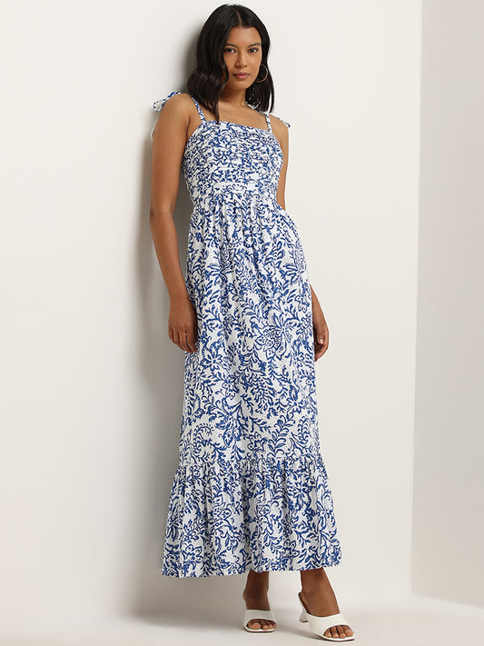 LOV Blue Schiffli Floral Printed Cotton Tiered Dress