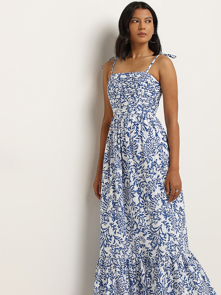 LOV Blue Schiffli Floral Printed Cotton Tiered Dress