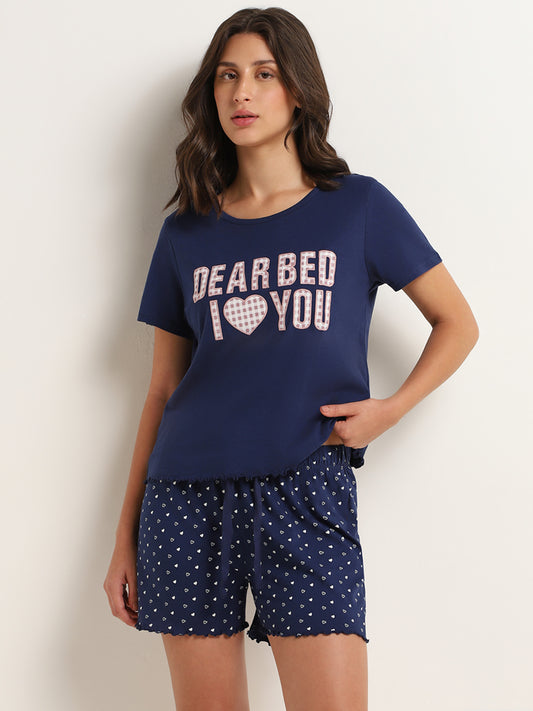 Wunderlove Navy Heart Print T-Shirt, Shorts & Bag Set