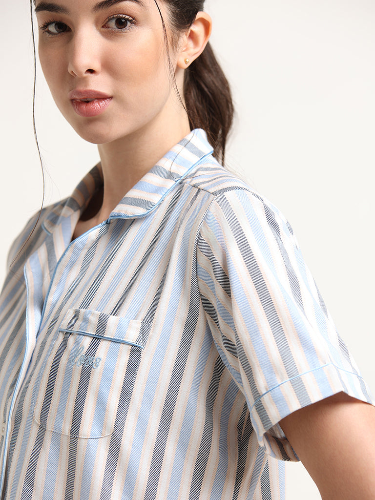 Wunderlove Blue Striped Cotton Shirt and Pyjama Set